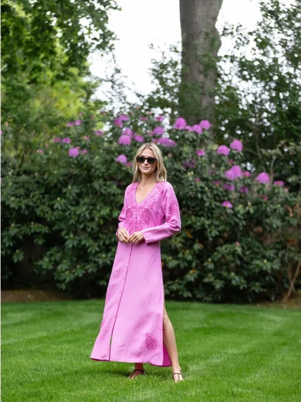 Pink Embroidered V-Neck Chloe Caftan Dress